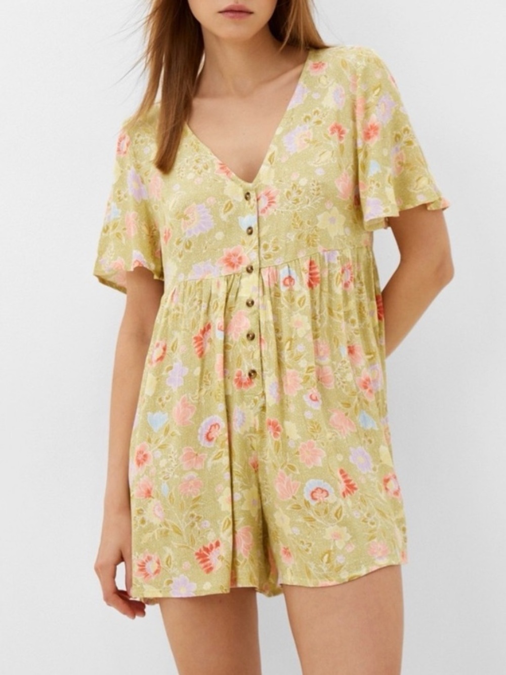 Billabong Spring Daze Babydoll Romper Size Small Floral Green